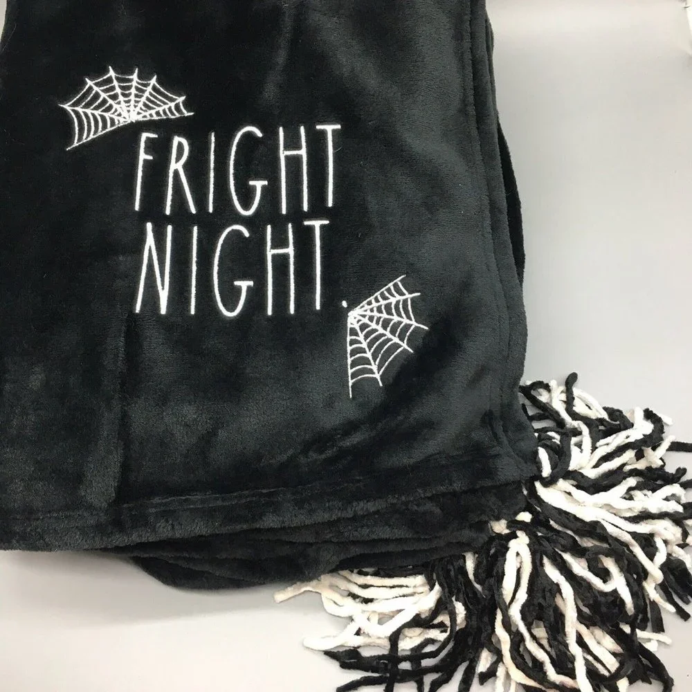 Rae Dunn Halloween FRIGHT NIGHT Fleece Throw Blanket Tassels Spiderwebs 50x70